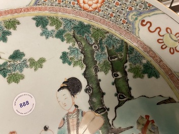 A large Chinese famille verte dish with ladies and boys in a garden, Kangxi